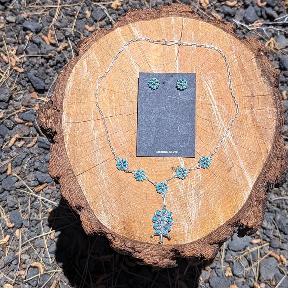Zuni Chain Necklace and Earrings Set Kingman Turquoise Cluster Native American** - Picture 3 of 9